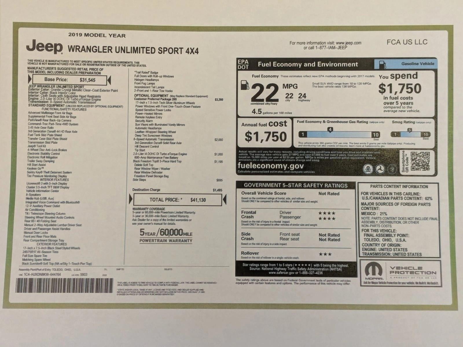 2019 Jeep Wrangler Unlimited Sport S 4x4