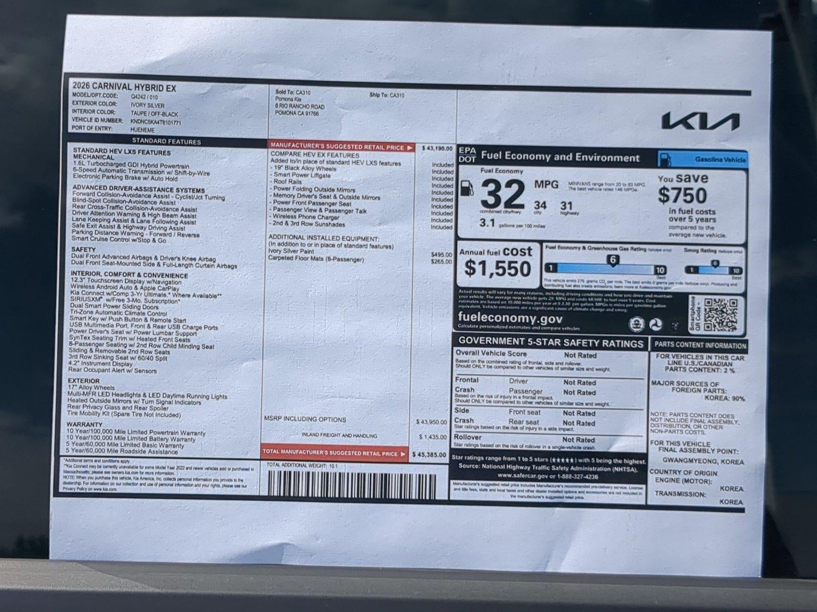 2026 Kia Carnival Hybrid EX