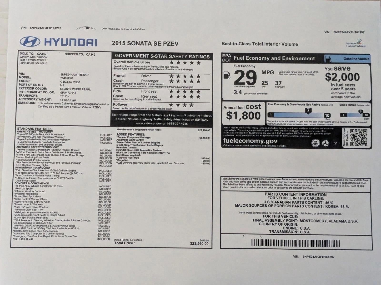 2015 Hyundai SONATA 4dr Sdn 2.4L SE PZEV